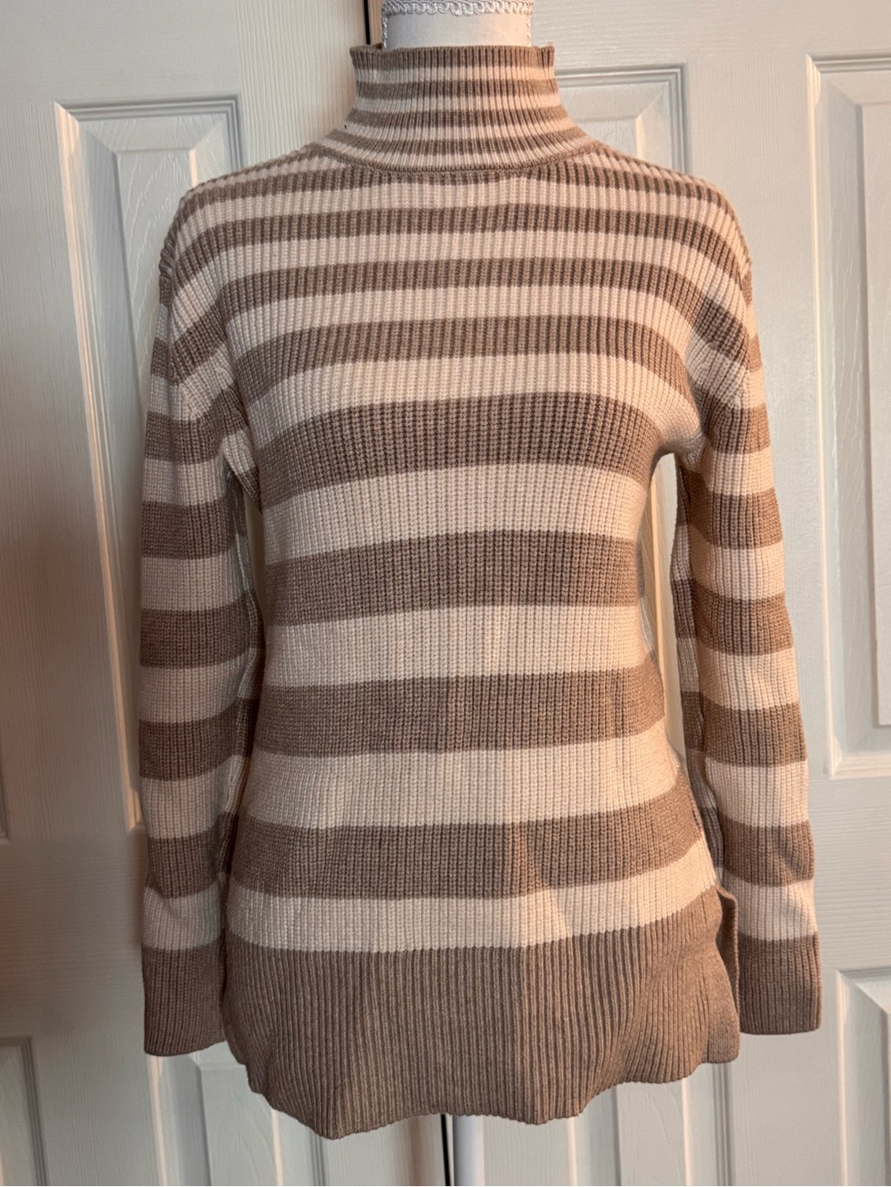Striped Knit Cowl Neck Sweater in Cream and Taupe
